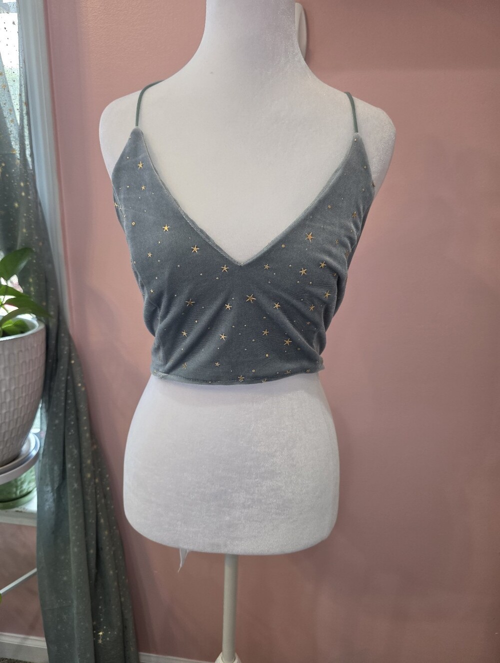 Silver Blue Velvet Gold Star Lace-Up Crop Top M